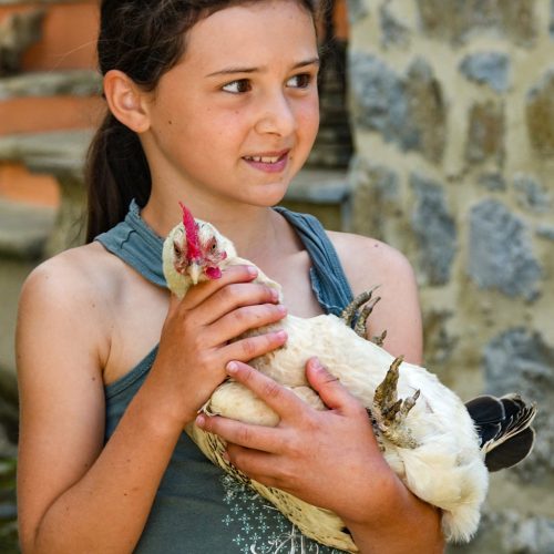 bimba con amica gallina